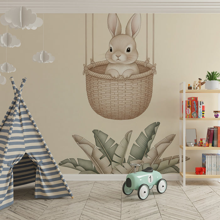 Papier peint chambre bébé | Lapin dans un panier suspendu