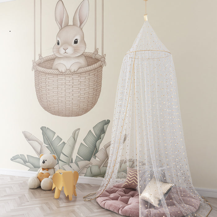 Papier peint chambre bébé | Lapin dans un panier suspendu