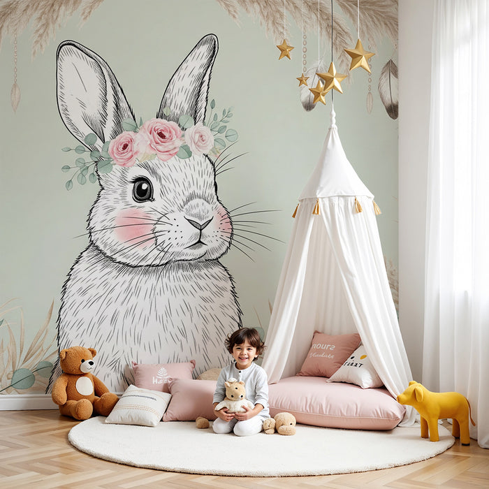 Nursery room wallpaper | Delicate rabbit with flowers and feathers