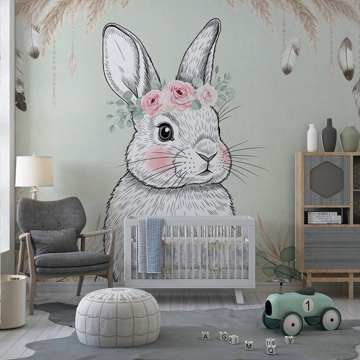 Nursery room wallpaper | Delicate rabbit with flowers and feathers