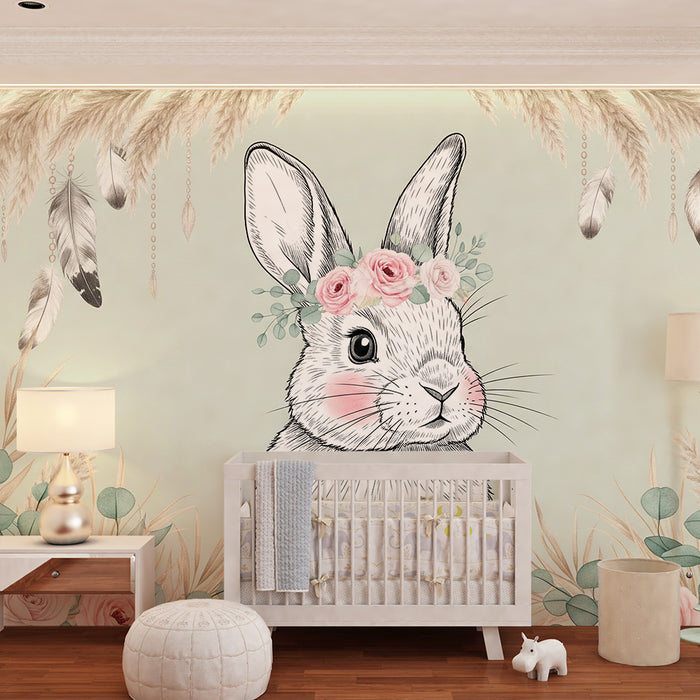 Nursery room wallpaper | Delicate rabbit with flowers and feathers
