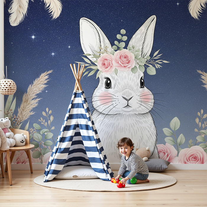 Nursery room wallpaper | Delicate rabbit with pink flowers