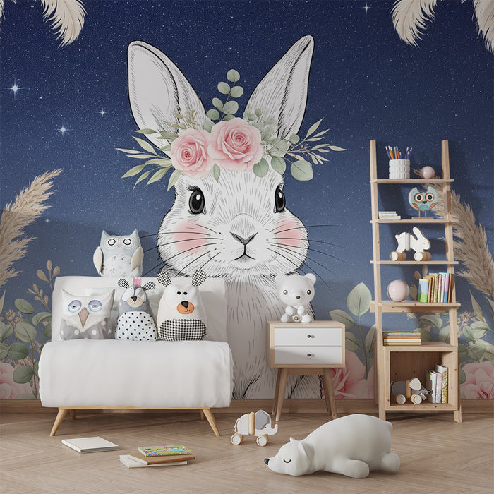 Nursery room wallpaper | Delicate rabbit with pink flowers