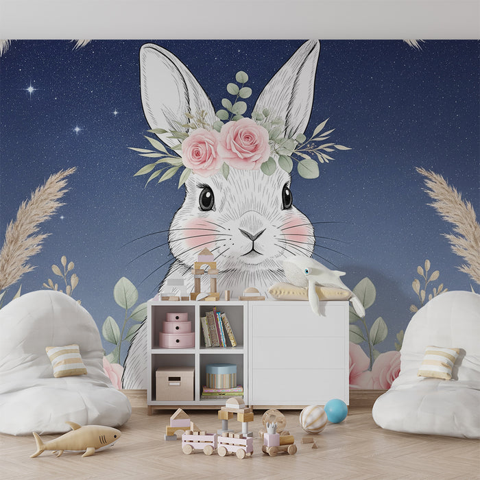 Nursery room wallpaper | Delicate rabbit with pink flowers