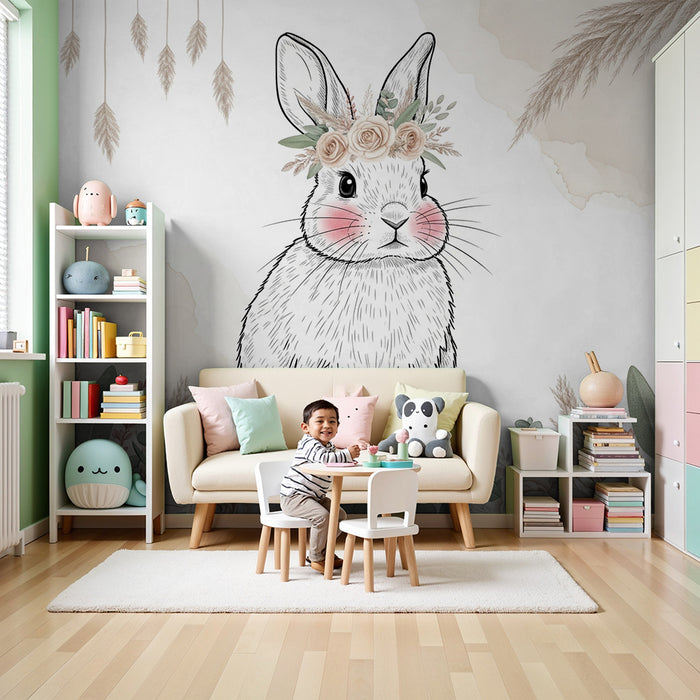 Nursery room wallpaper | Delicate rabbit and soft flowers