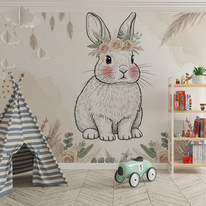 Nursery room wallpaper | Delicate rabbit and soft flowers