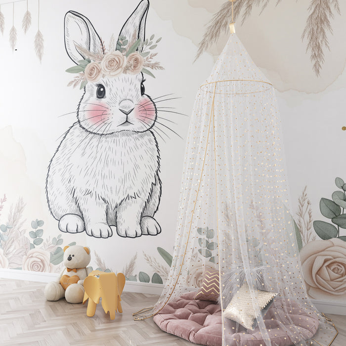 Nursery room wallpaper | Delicate rabbit and soft flowers