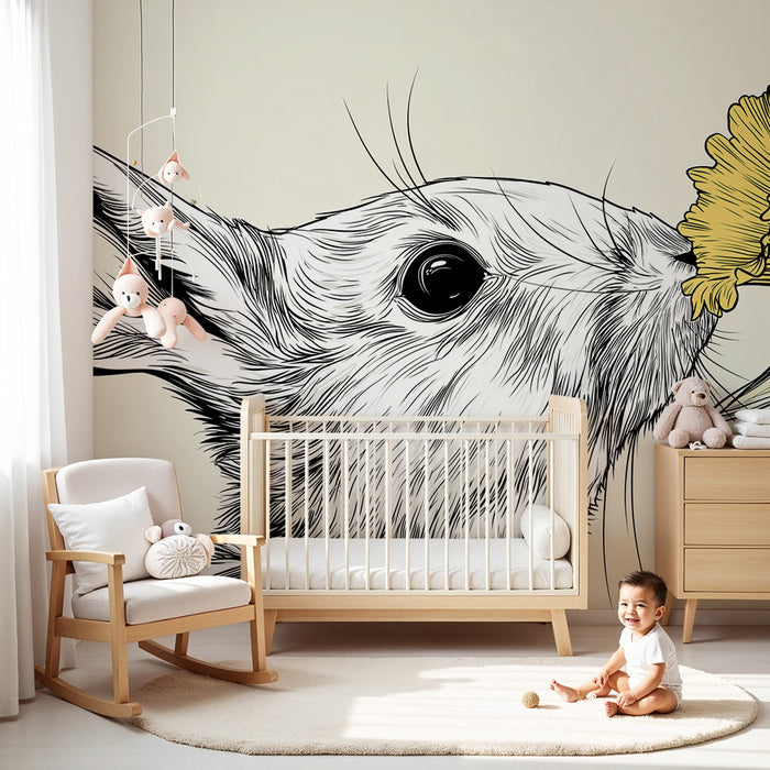 Carta da parati bambini | Coniglio delicato e giunchiglia su sfondo morbido