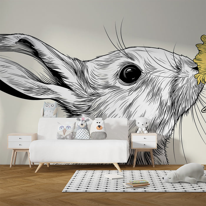 Carta da parati bambini | Coniglio delicato e giunchiglia su sfondo morbido