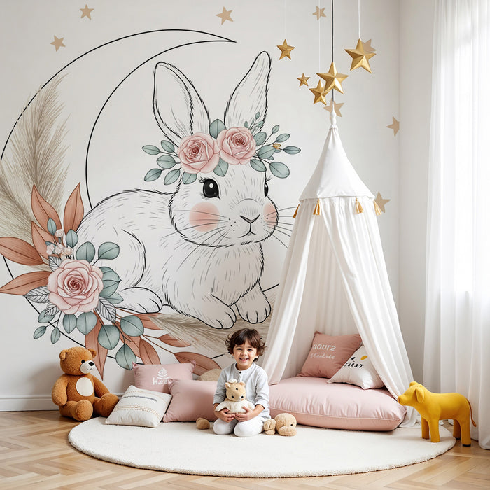 Nursery room wallpaper | Delicate rabbit under the moon