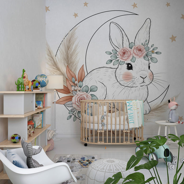 Nursery room wallpaper | Delicate rabbit under the moon