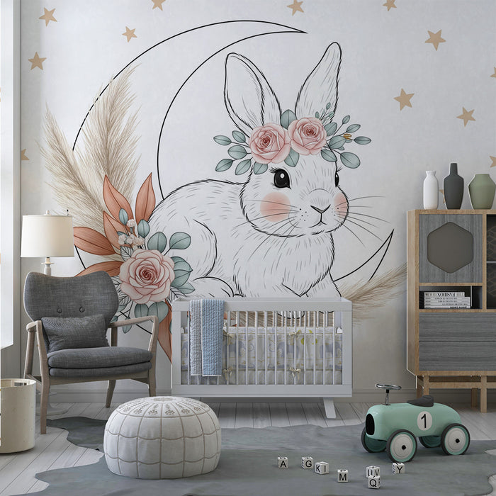 Nursery room wallpaper | Delicate rabbit under the moon