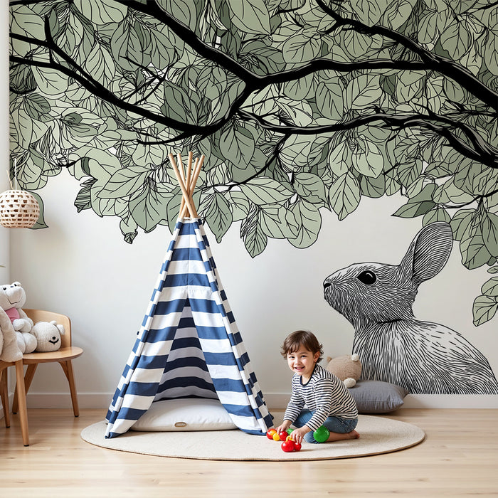 Carta da parati bambini | Coniglio delicato sotto una foglia rilassante