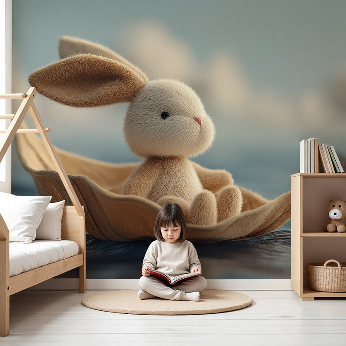 Nursery room wallpaper | Sweet bunny on a boat on a peaceful sea