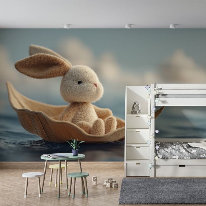 Nursery room wallpaper | Sweet bunny on a boat on a peaceful sea