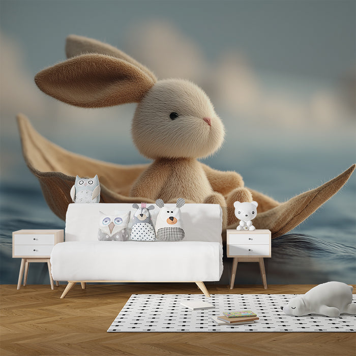 Nursery room wallpaper | Sweet bunny on a boat on a peaceful sea