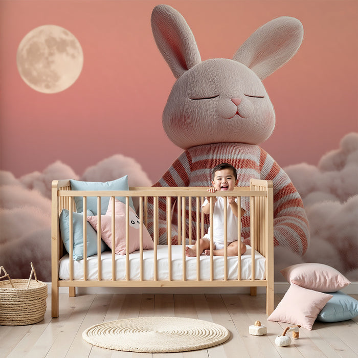 Papel de parede quarto bebê | Coelho fofo e nuvens cor-de-rosa sob a lua