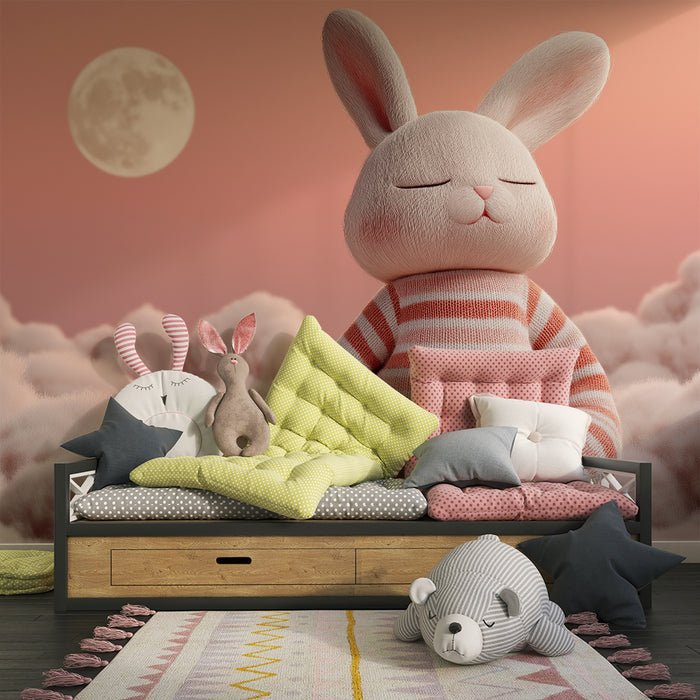 Papel de parede quarto bebê | Coelho fofo e nuvens cor-de-rosa sob a lua