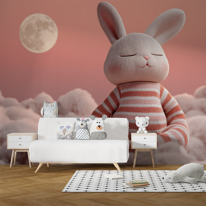 Papel de parede quarto bebê | Coelho fofo e nuvens cor-de-rosa sob a lua