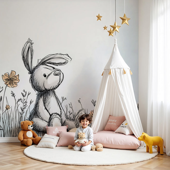 Lastenhuoneen tapetti | Lempeä pupu kukkaniityllä