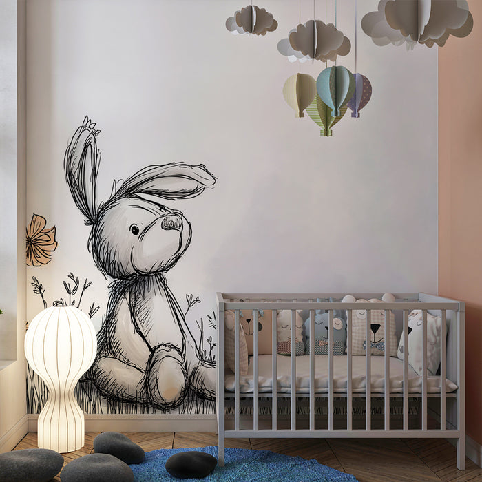 Lastenhuoneen tapetti | Lempeä pupu kukkaniityllä