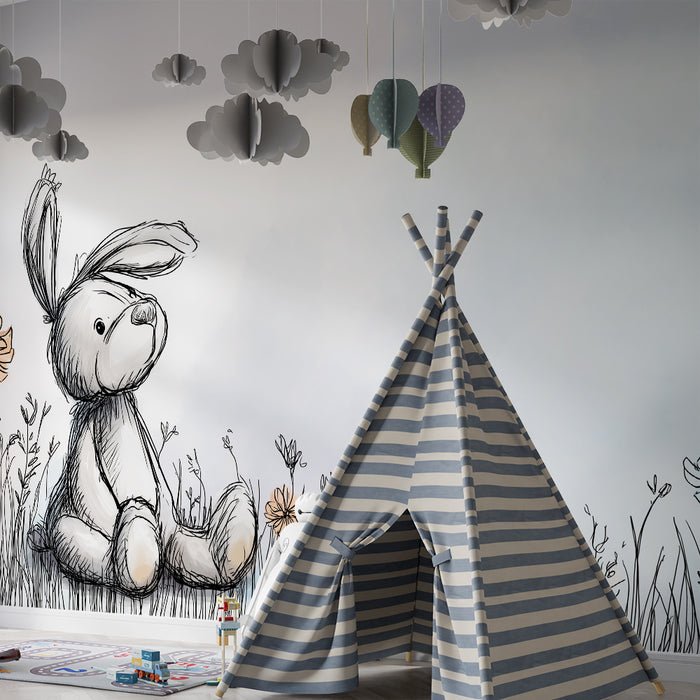 Lastenhuoneen tapetti | Lempeä pupu kukkaniityllä