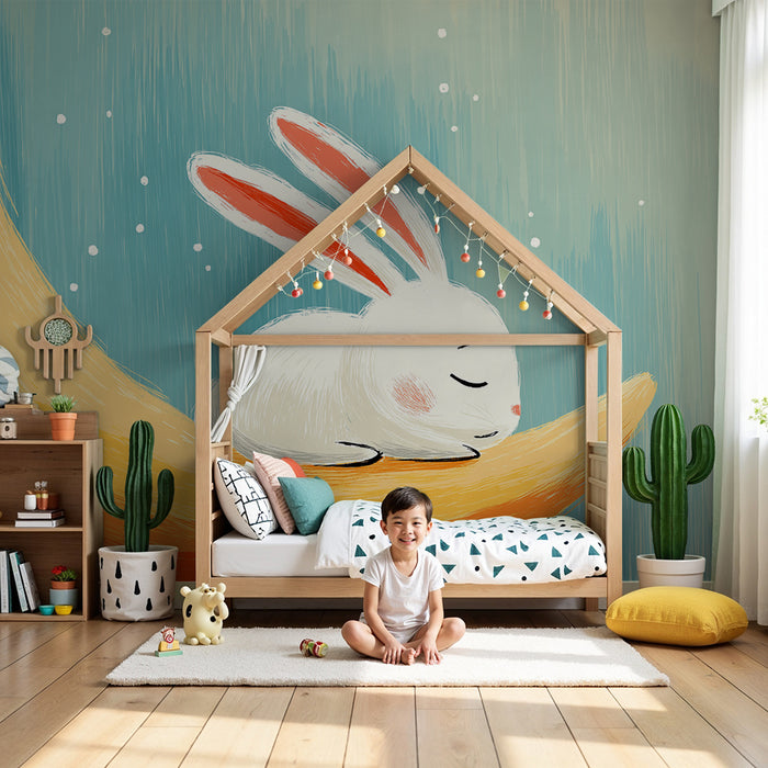 Babykamer behang | Zachte konijntjes op een kleurrijke maan