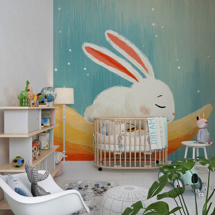 Babykamer behang | Zachte konijntjes op een kleurrijke maan