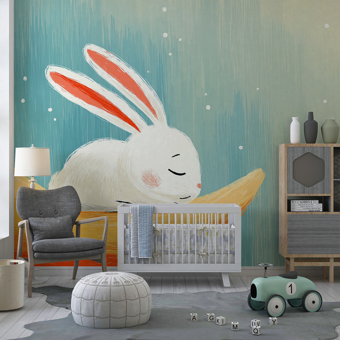 Babykamer behang | Zachte konijntjes op een kleurrijke maan