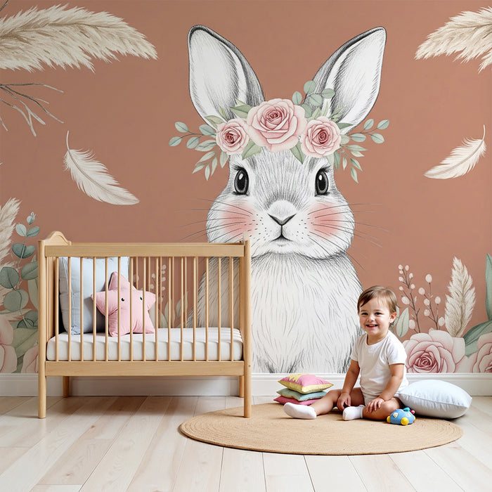 Babyzimmer Tapete | Eleganter Hase mit rosa Blumen