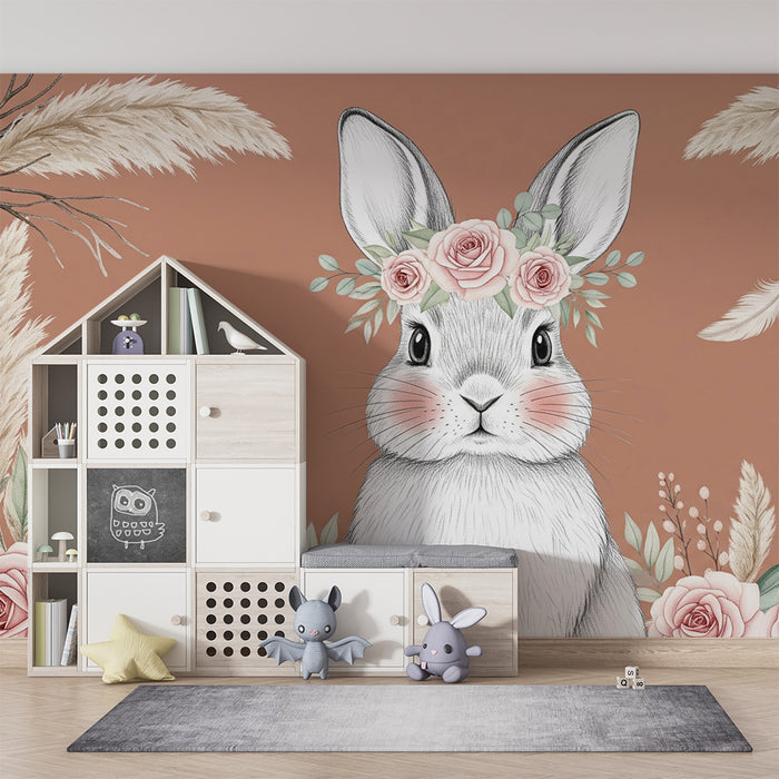 Babyzimmer Tapete | Eleganter Hase mit rosa Blumen