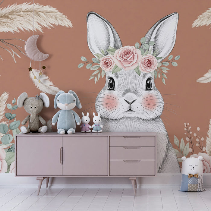 Babyzimmer Tapete | Eleganter Hase mit rosa Blumen