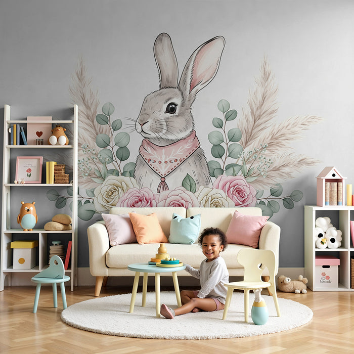 Nursery room wallpaper | Elegant rabbit surrounded by pink flowers and delicate foliage