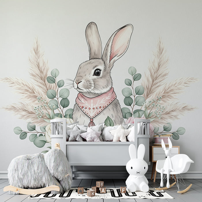 Nursery room wallpaper | Elegant rabbit surrounded by pink flowers and delicate foliage