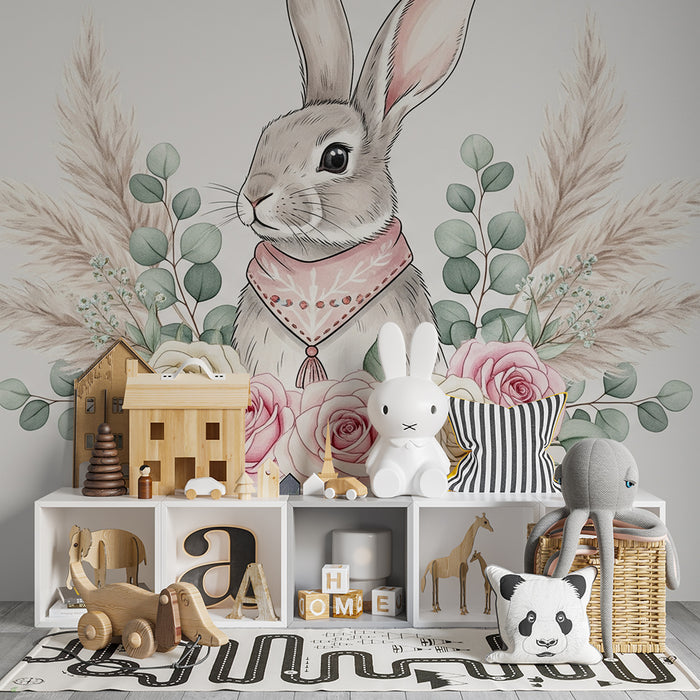 Nursery room wallpaper | Elegant rabbit surrounded by pink flowers and delicate foliage