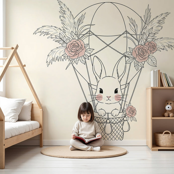 Nursery room wallpaper | Bunny in hot air balloon with flowers