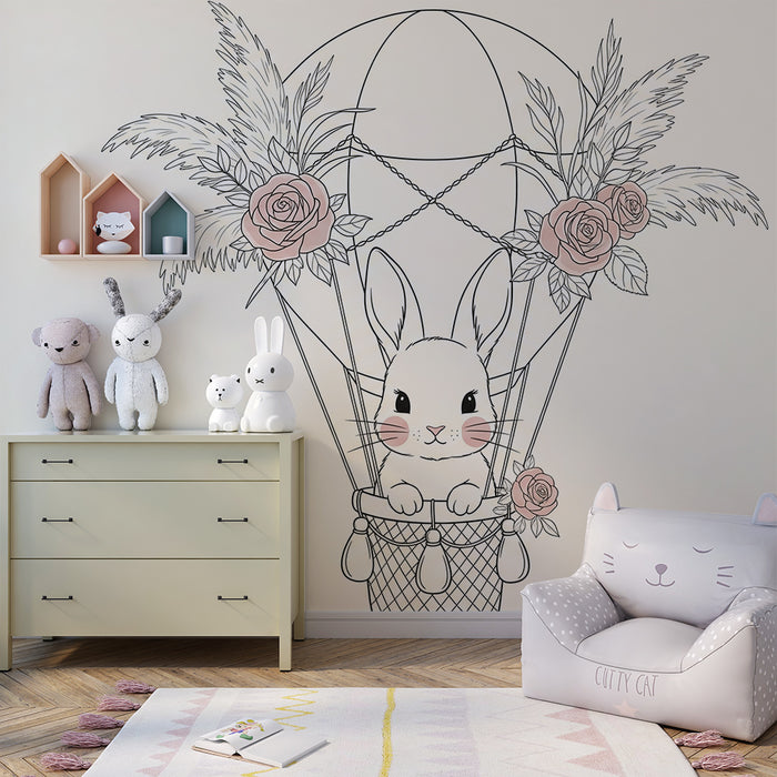 Nursery room wallpaper | Bunny in hot air balloon with flowers
