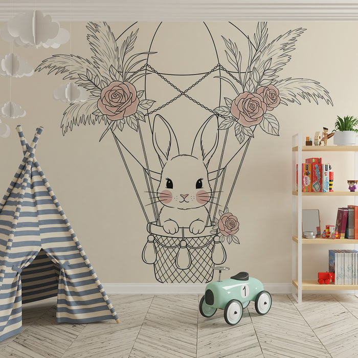 Nursery room wallpaper | Bunny in hot air balloon with flowers