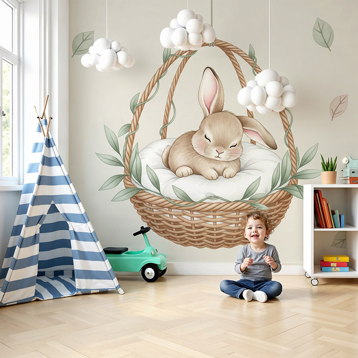 Papier peint chambre bébé | Lapin endormi dans son panier