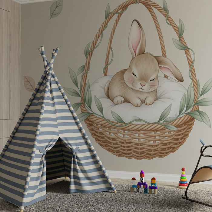 Papier peint chambre bébé | Lapin endormi dans son panier