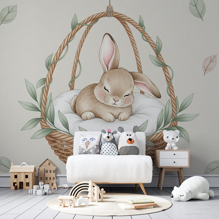 Papier peint chambre bébé | Lapin endormi dans son panier