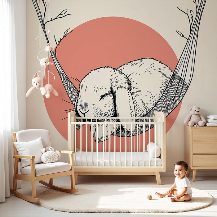 Papel pintado infantil | Conejo durmiendo en una hamaca