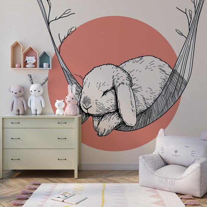 Papel pintado infantil | Conejo durmiendo en una hamaca
