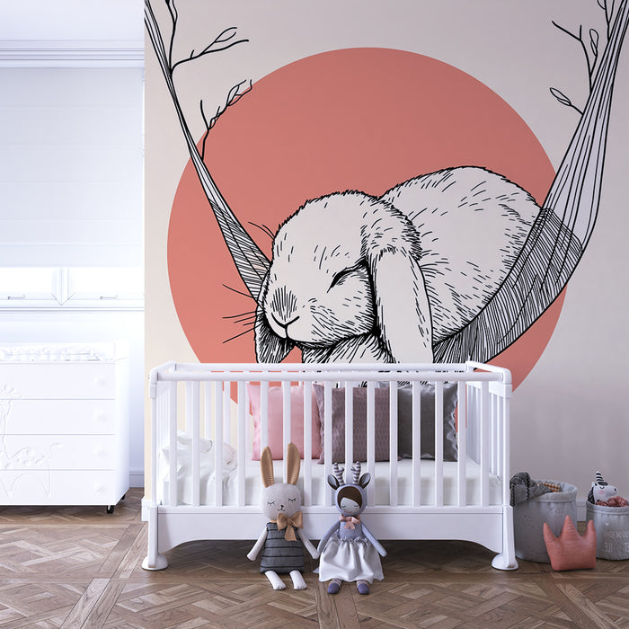 Papel pintado infantil | Conejo durmiendo en una hamaca