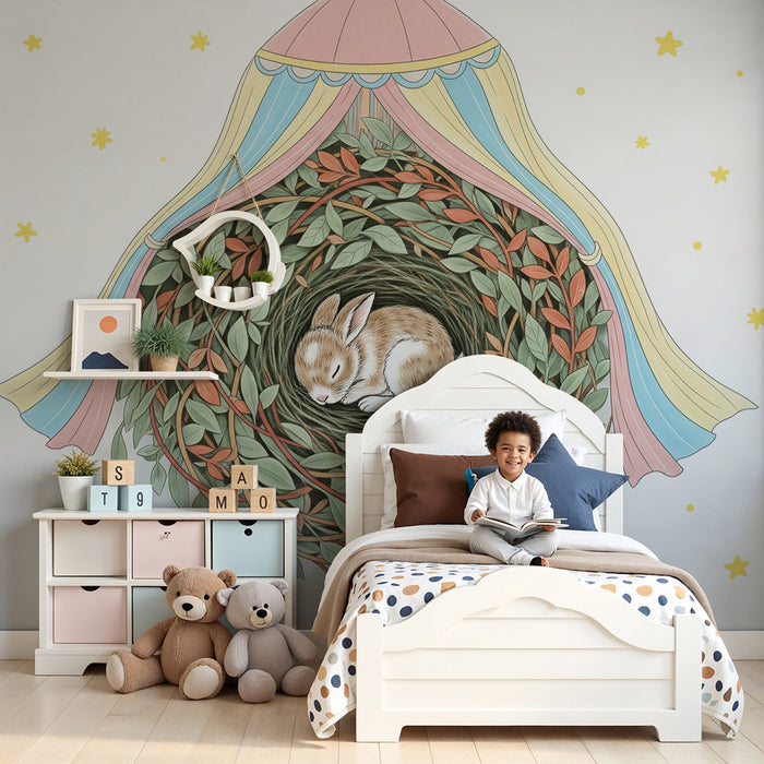 Lastenhuoneen tapetti | Uninen pupu pehmeässä pesässä