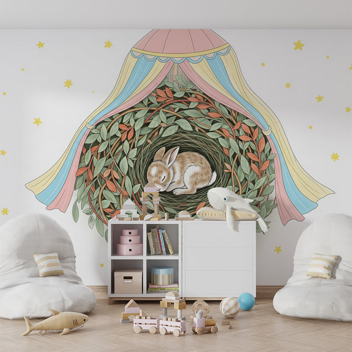 Lastenhuoneen tapetti | Uninen pupu pehmeässä pesässä