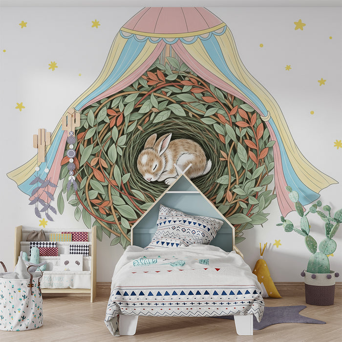 Lastenhuoneen tapetti | Uninen pupu pehmeässä pesässä