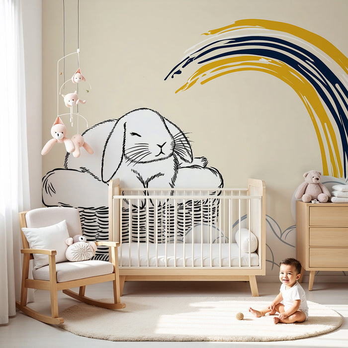 Nursery room wallpaper | Sleeping bunny in a basket with a colorful rainbow