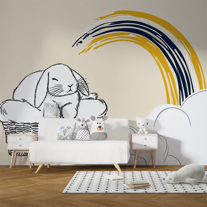 Nursery room wallpaper | Sleeping bunny in a basket with a colorful rainbow