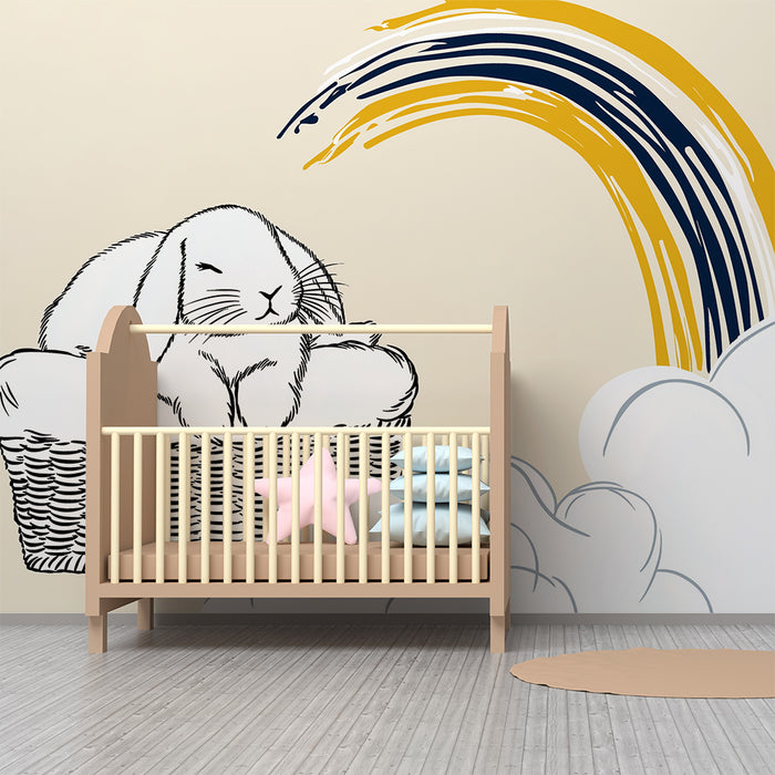 Nursery room wallpaper | Sleeping bunny in a basket with a colorful rainbow